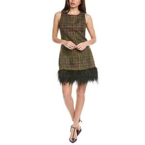 Flora Bea NYC Ellis Sheath Dress Green Waffle Tweed Size Small NWT Feather Trim